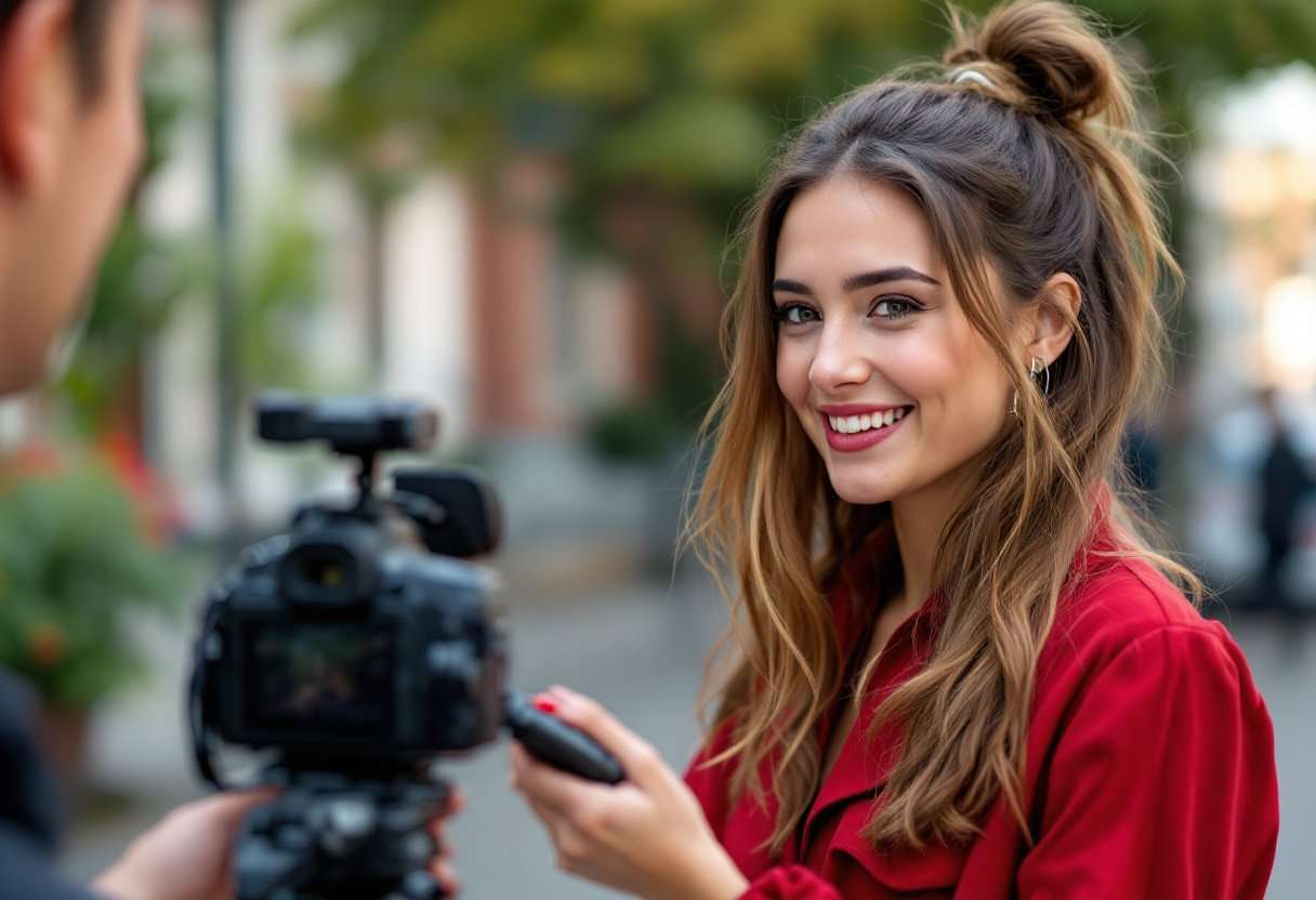 Young female influencer being filmed by a professional crew